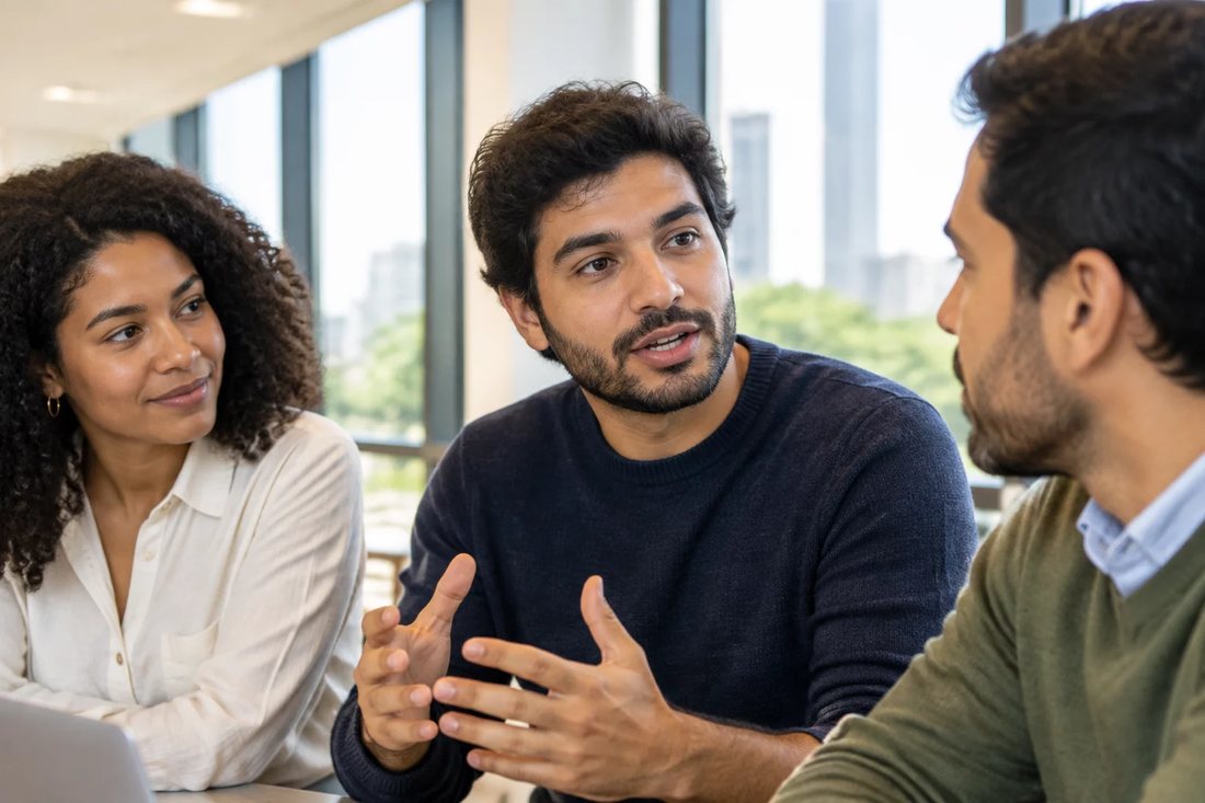 Participante falando de pé enquanto o restante da turma acompanha sentado